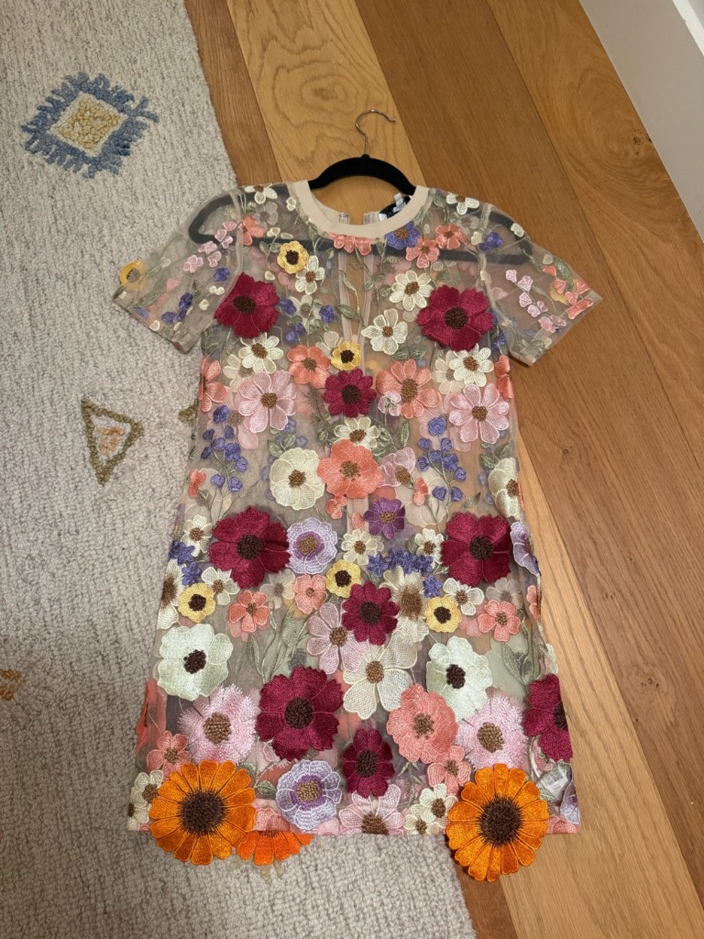 Embroidered Floral Mesh Shift Dress - Multicolor